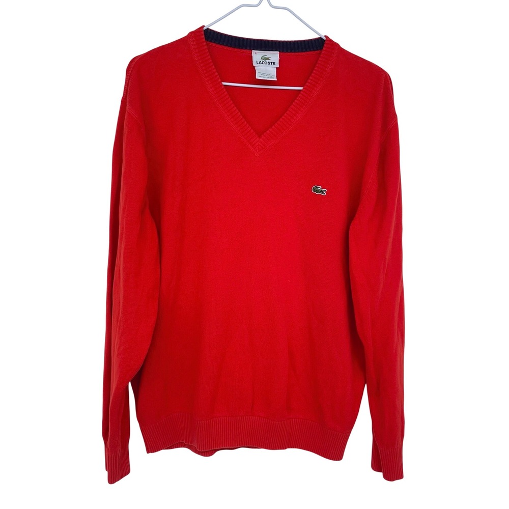Bright Orange Lacoste Knit V-Neck Sweater Medium‎ Pullover 6 Cotton